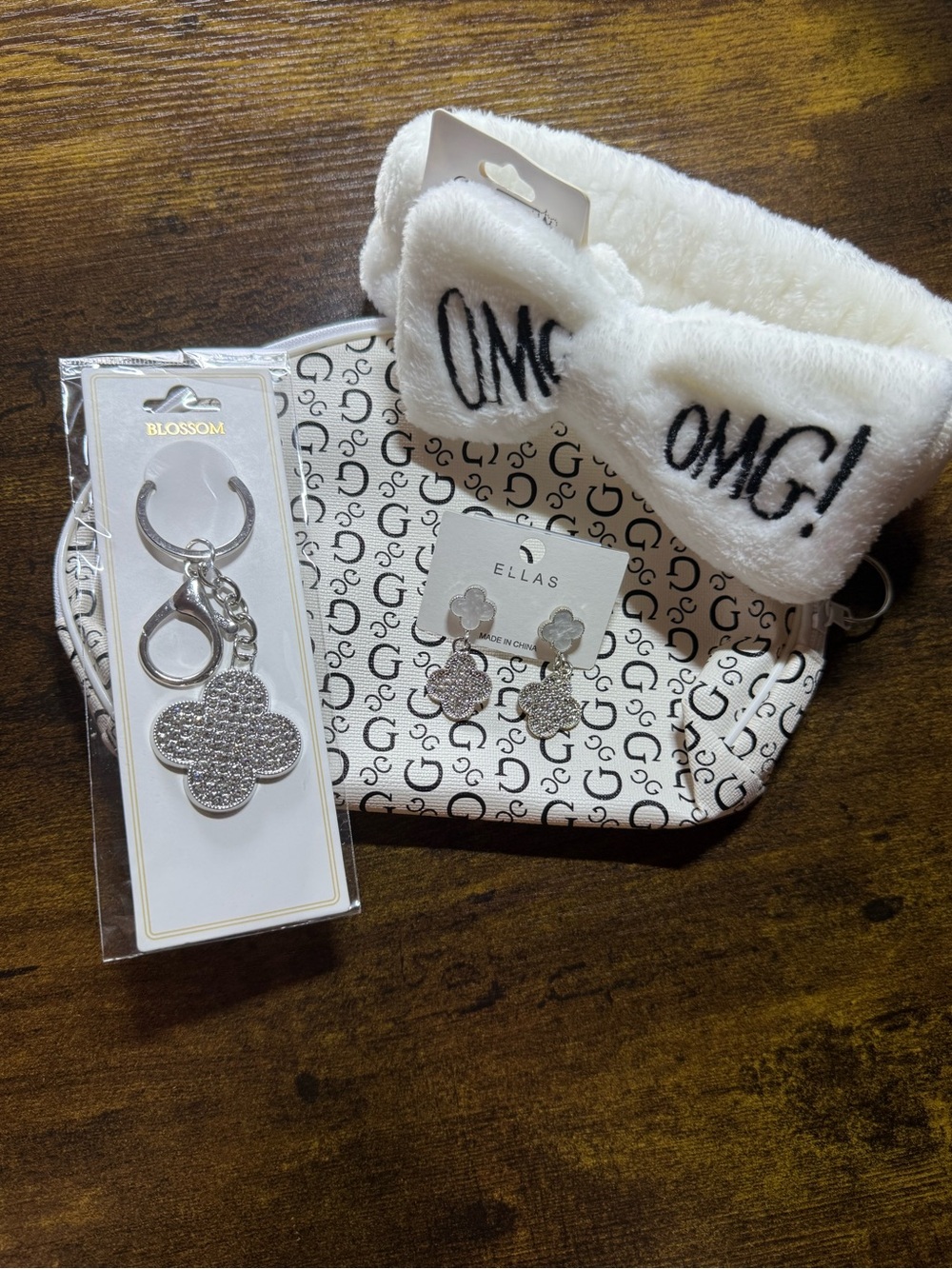 Blossom & Ellas Silver Clover Keychain and Earring Set with White OMG Headband
